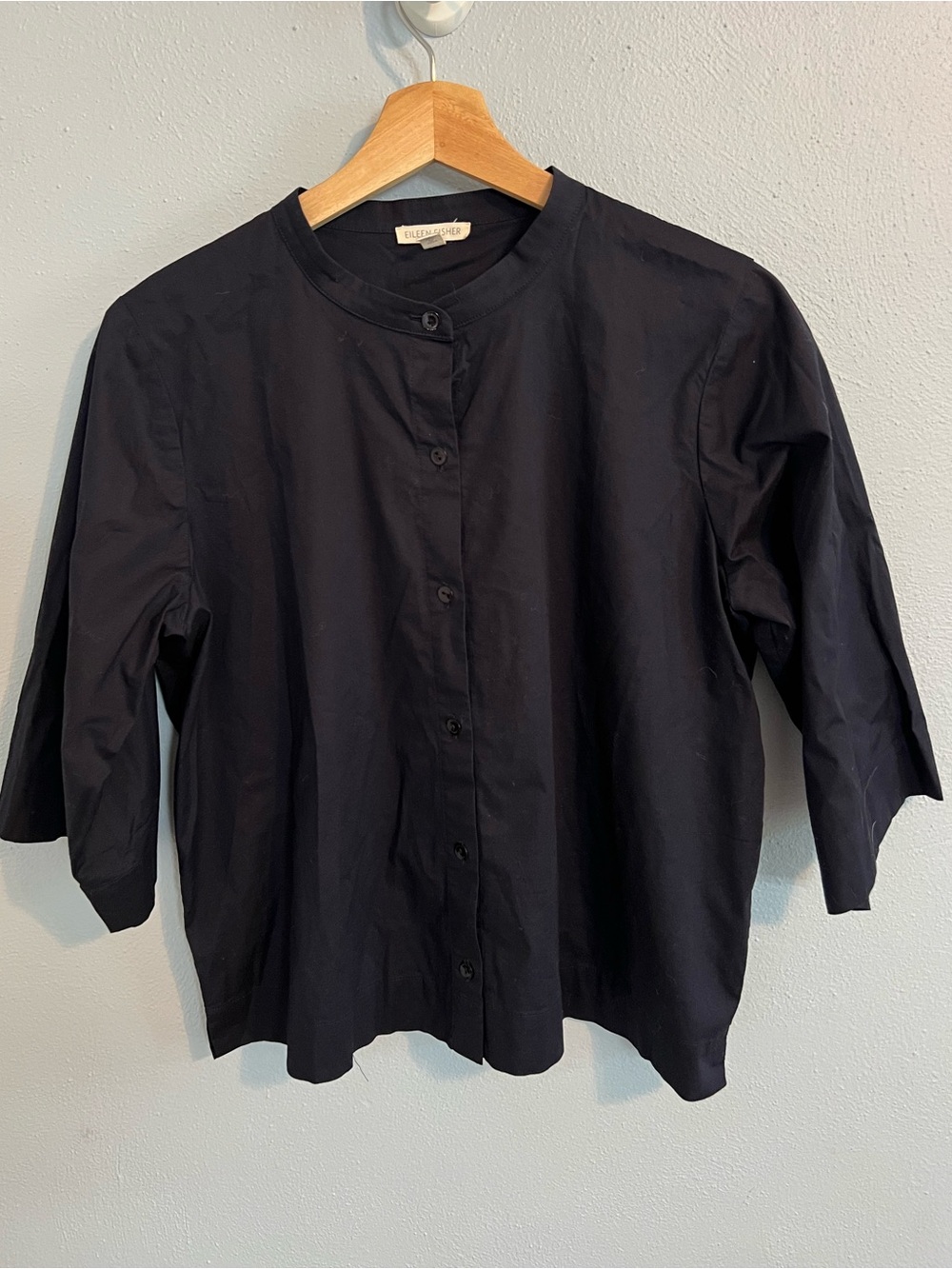 Eileen Fisher Navy Blue Collarless Button-Up Boxy Blouse Cropped Flare Sleeves